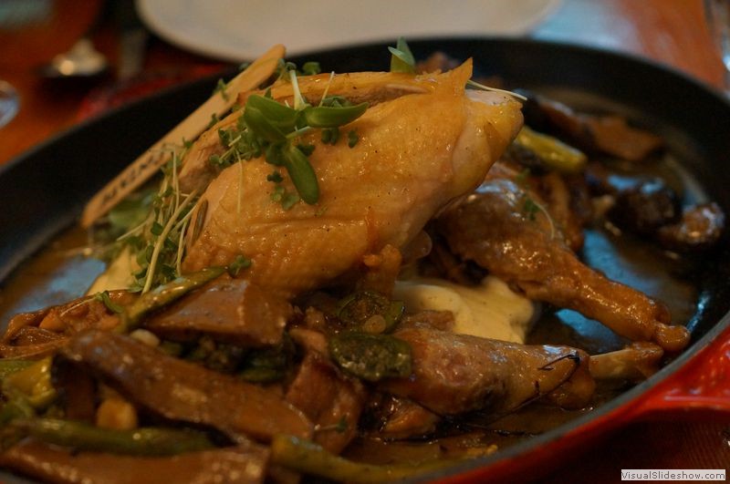 Au Pied du Cochon - Cornish Hen with Mushrooms, Gravy, Asparagus, Fiddleheads and Parsnip Puree 1