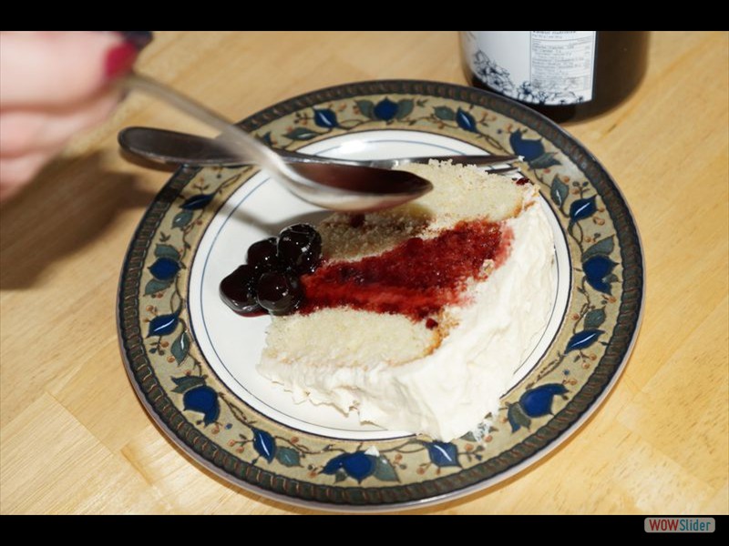 Slice of Rhonda's Vanilla Birthday Cake with Italian Cherries