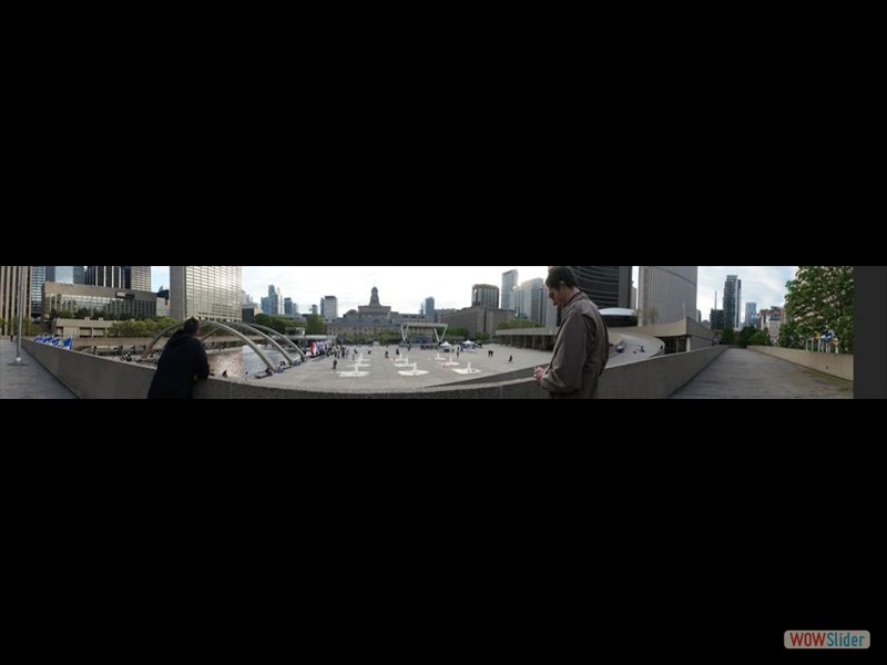 Panorama of Nathan Phillips Square with Mike and Steve