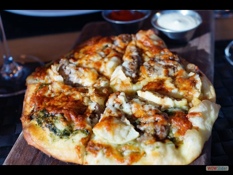 Duck and Rabbit Sausage Pizza with Apple and Dill Pesto